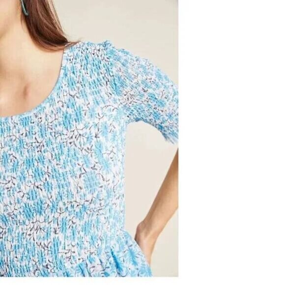 NWT MAEVE Anthropologie Ashton Smocked Peplum Top Sz XS Blue Motif - Picture 2 of 6